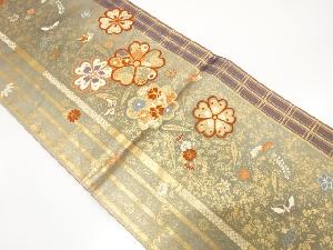 引箔　枝垂れ桜に蝶模様織り出し　袋帯